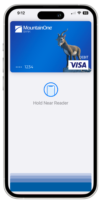 An iPhone with MountainOne Bank Apple Pay set up